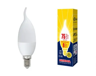 фото Лампа LED-CW37-9W/WW/E14/FR/NR Лампа светодиодная. Форма "свеча на ветру", матовая. Серия Norma. Теплый белый свет (3000K). Картон. ТМ Volpe