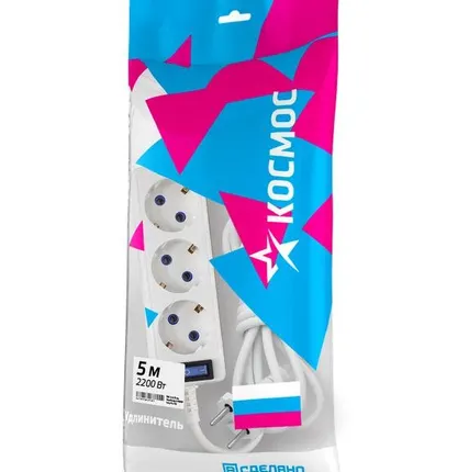 Фото №0 Удлинитель 3х5м с заземл. 10А IP20 с выкл. ПВС 3х0.75 Космос YKsm5m-3g-Z-V(10A)P