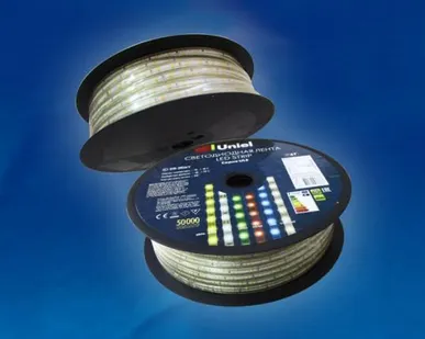 фото Светодиодная лента ULS-2835-60LED/m-10mm-IP67-220V-8W/m-50M-DW Светодиодная гибкая герметичная лента. Бобина 50 м. Холодный белый свет. TM Uniel.
