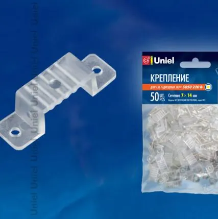 Фото №0 Крепление для ленты 220В UCC-K13 CLEAR 050 POLYBAG Крепление для светодиодной ленты 220В 5050, 13-14 мм, цвет прозрачный, 50 штук в пакете