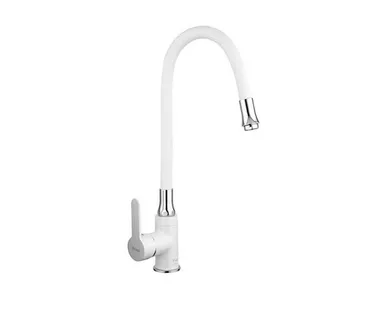 фото Смеситель для кухни 35мм, гибкий излив, хром, латунь, белый, крепление гайка, FRAP