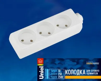 фото Колодка для удлинителя U-RST3-10 WHITE Колодка для удлинителя Uniel. 3 гнезда, б/з, 10A, 2200Вт. Белый. ТМ Uniel