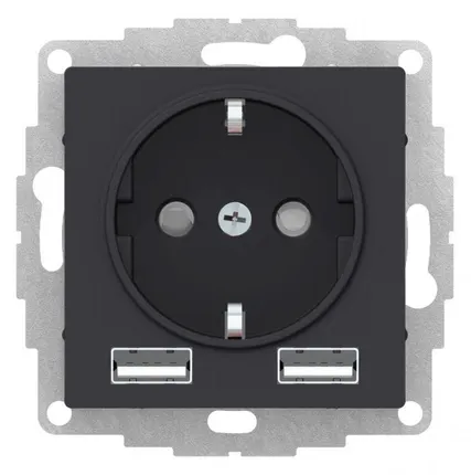 Фото №0 Розетка 3-м СП AtlasDesign 16А IP20 с 2-мя заряд. устройствами USB тип A+A 5В/2.4А 2х5В/1.2А механизм карбон SchE ATN001030