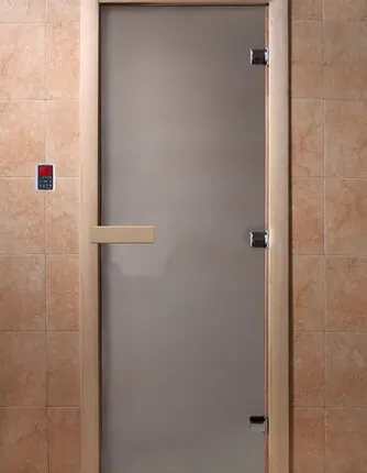 Фото №0 Дверь "Банное утро" (сатин) 190х70, 8мм, 3 петли, коробка листва, Банный Эксперт