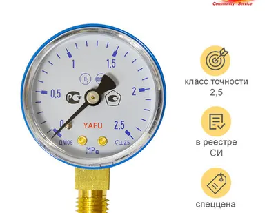 фото YAFU Манометр на редуктор кислородный 2,5 МПа (25 кгс/см кв, кл. т. 2,5)
