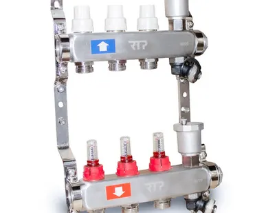 фото Коллекторная группа с регулирующими клапанами, расходомерами, воздухоотводчиками, обратными и дренажными клапанами, кронштейном (евроконус 3/4") нержавеющая сталь SUS 304 1"х 3 выхода, RTP