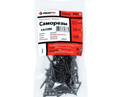 фото Саморез гипсокартон-дерево 3.8х25 усиленный (TWN) (уп.120шт) пакет Proffix 146420