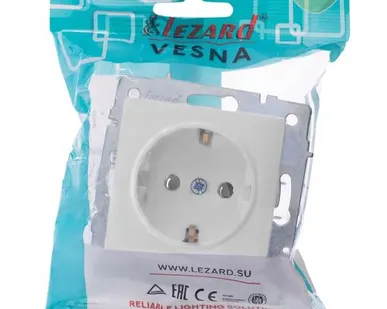фото Розетка 1-м СП Vesna с заземл. ПБТ механизм бел. LEZARD 742-0288-122B