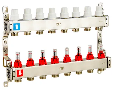 фото Коллекторная группа с расходомером и кронштейном (евроконус 3/4") нержавеющая сталь SUS 304 1"х 8 выходов, RTP