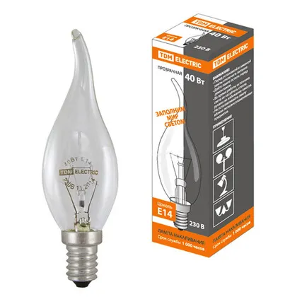 Фото №0 Лампа накаливания TDM 40 Вт-230 В-Е14 (SQ0332-0015) свеча на ветру прозрачная