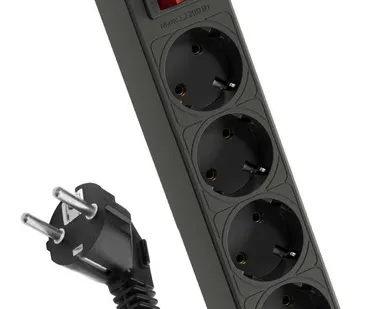 фото Удлинитель с сетевым фильтром 4х1.5м с заземл. 10А IP20 2.2кВт с предохранителем 3х0.75 индикатор сети черн. КОСМОС FKsm1.5m-4g(B)