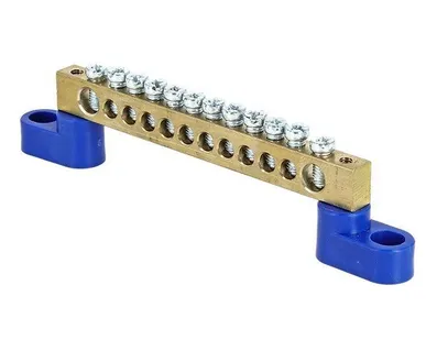 фото Шина нулевая N 6х9 12 отвер. латунь 2 син. угловых изолятора PROxima EKF sn0-63-12-2