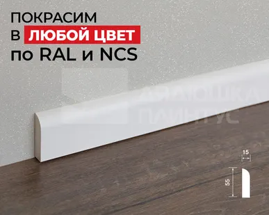 фото Hi-Wood Плинтус ПОЛИСТИРОЛ HI WOOD BE55 55мм х 15мм х 2,0м. Покраска под заказ