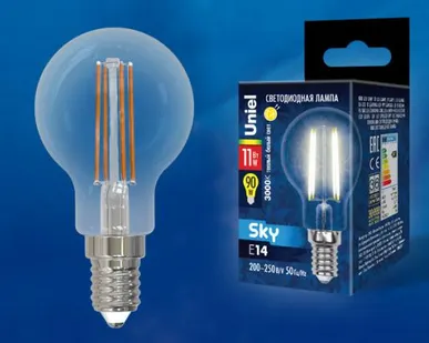 фото Лампа LED-G45-11W/3000K/E14/CL PLS02WH Лампа светодиодная. Форма "шар", прозрачная. Серия Sky. Теплый белый свет (3000К). Картон. ТМ Uniel.