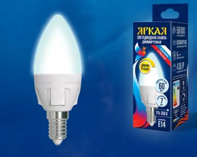 фото Лампа LED-C37 7W/4000K/E14/FR/DIM PLP01WH Лампа светодиодная, диммируемая. Форма «свеча», матовая. Серия Яркая. Белый свет (4000K). Картон. ТМ Uniel.