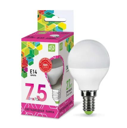 Фото №0 Лампа светодиодная LED-ШАР-standard 7.5Вт 230В E14 6500К 675Лм ASD 4690612019017