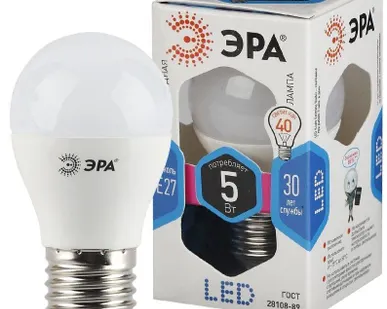 фото Лампа светодиодная P45-5w-840-E27 шар 400лм ЭРА Б0017220/Б0028488