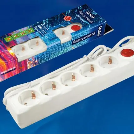 Фото №0 Сетевой фильтр S-GSU5-5 WHITE Cетевой фильтр серии Universal, 5м (Пвс 3*0,75), 5 гнезд, с/з. 10А. Защита от перенапряжения, короткого замыкания. TM Uniel.