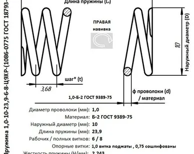 фото Пружина 1,0-10-23,9-6-8-Ц9ХР-(1086-0775 ГОСТ18793-80)
