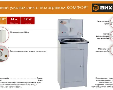 фото Умывальник дачный КОМФОРТ, с подогревом, нержавеющая мойка, цвет белый ВИХРЬ 74/4/6