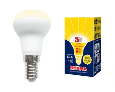 фото Лампа LED-R39-3W/3000K/E14/FR/NR Лампа светодиодная. Форма "Рефлектор", матовая. Серия Norma. Теплый белый свет (3000K). Картон. ТМ Volpe