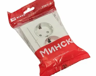 фото Минск Розетка 2-местная СП с заземлением 16А белая с защ. штор. EKF Basic
