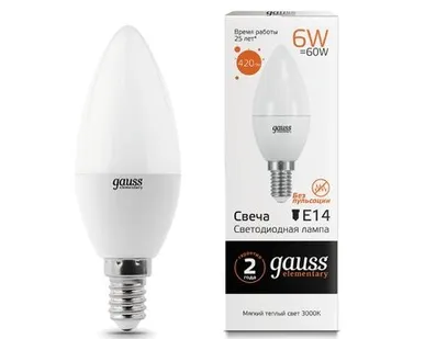 фото Светодиодная лампа Gauss Свеча 6W 420Lm 3000K E14 33116