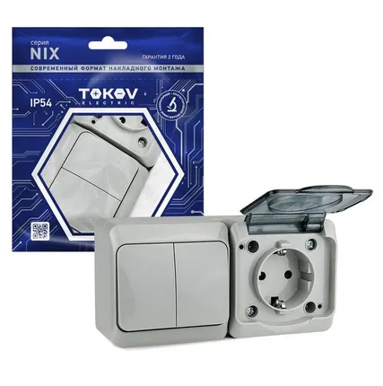 Фото №0 Блок ОП Nix (розетка 16А 250В с заземл. + 2-кл. выкл. 10А) IP54 сер. TOKOV ELECTRIC TKE-NX-V2RZ-C06T-IP54