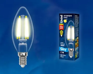фото Лампа LED-C35-13W/3000K/E14/CL PLS02WH Лампа светодиодная. Форма "свеча", прозрачная. Серия Sky. Теплый белый свет (3000К). Картон. ТМ Uniel.