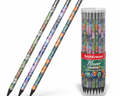 фото Карандаш ErichKrause Flower пластиковый, Чернографитный трехгранный, с ластиком