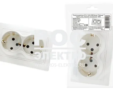 фото Розетка двойная 2П+З 16А 250В белая "Таймыр" (пром. упак., бакелит. основание) TDM