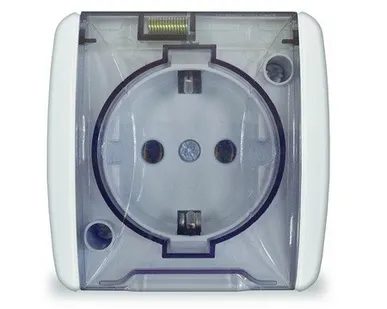 фото Розетка одноместная с прозрачной крышкой Клио белая UNIVersal K2229 (c заземлением)