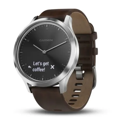 Фото №0 Часы Garmin Vivomove HR серебряные с темно-коричневым кожаным ремешком