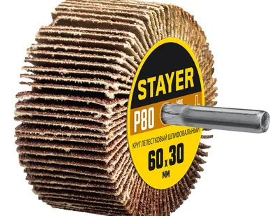 фото Круг шлифовальный STAYER лепестковый, на шпильке, P80, 60х30 мм 36608-080